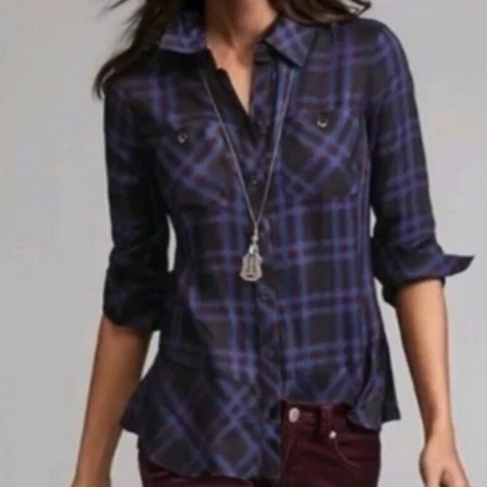 CAbi Moody Shirt Plaid Flannel Peplum Button Up Preppy Casual